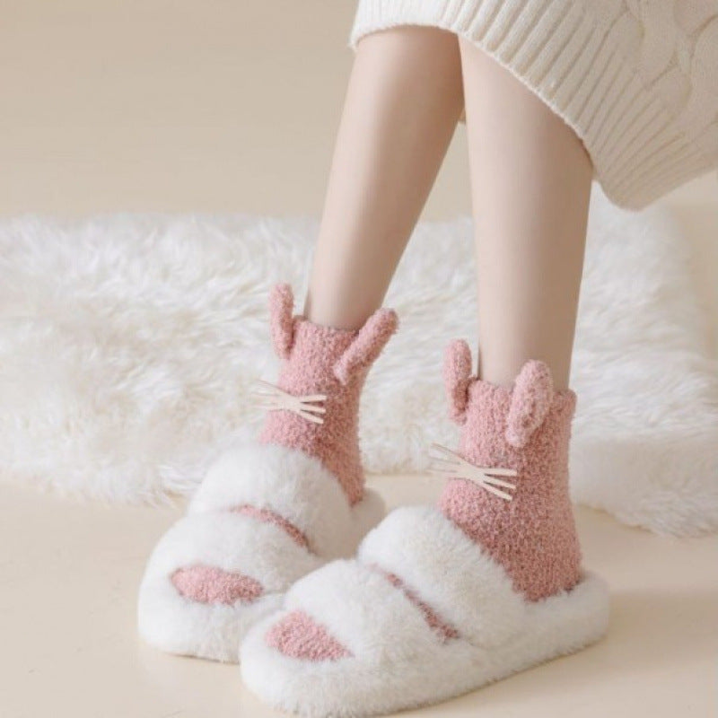 Cute Cartoon Bunny Coral Fleece Home Socks - 2 Pairs