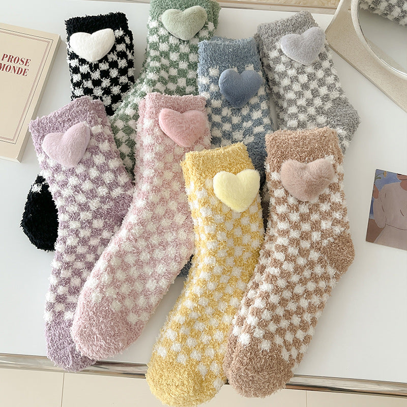 Cozy Heart Plush Checkered Socks - 2 Pairs