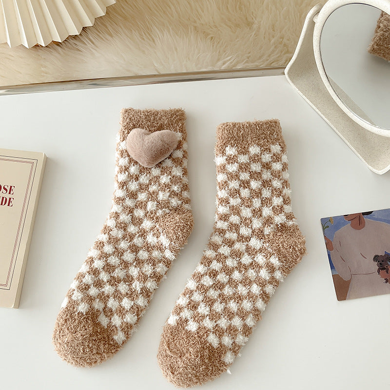 Cozy Heart Plush Checkered Socks - 2 Pairs