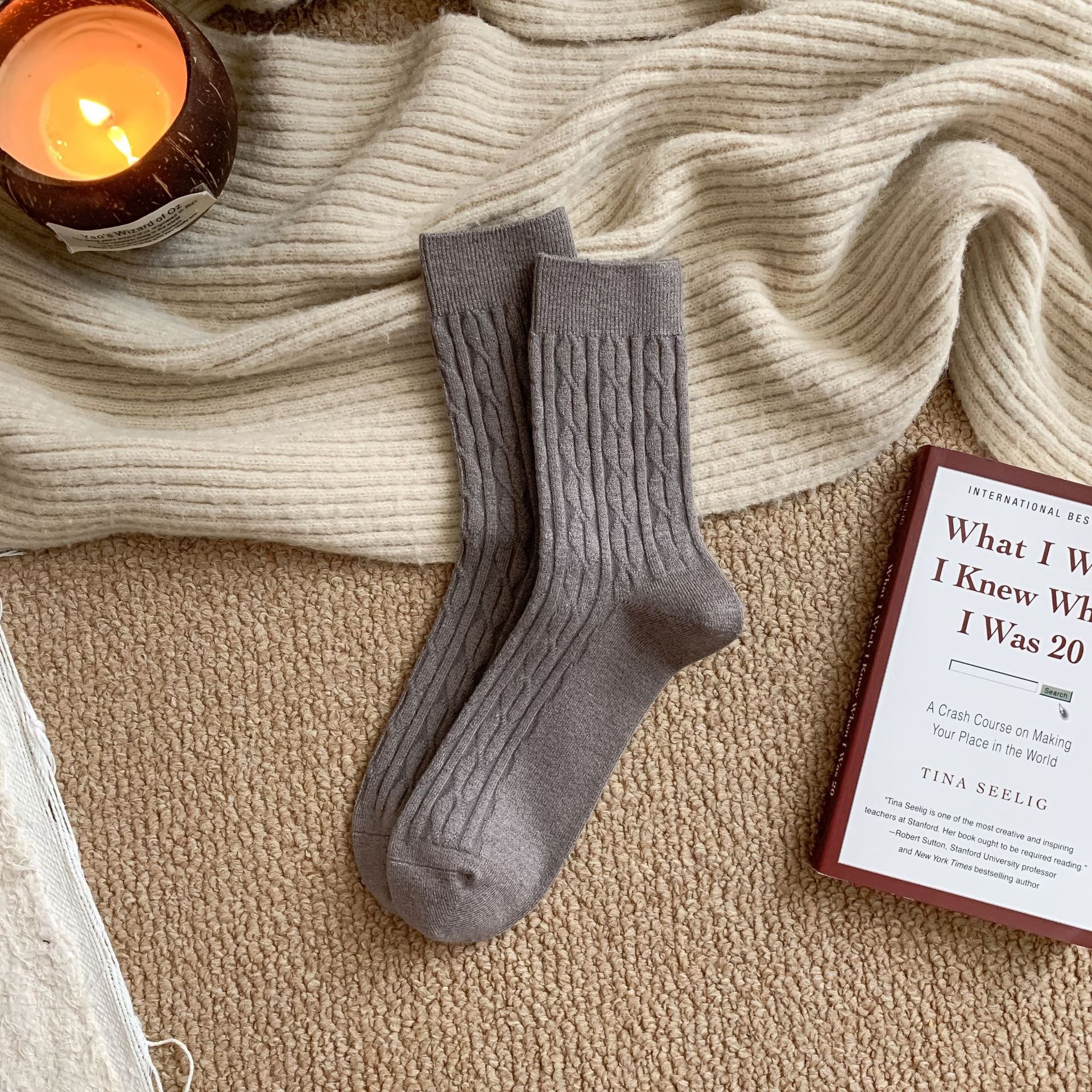 Classic Cable-Knit Wool Socks Men - 2 Pairs