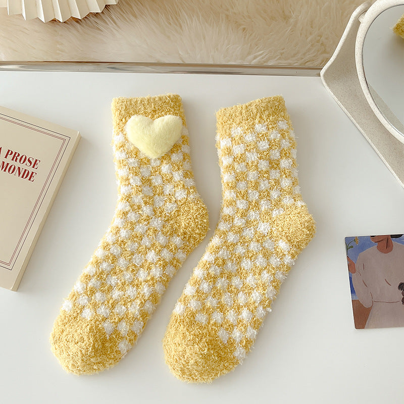 Cozy Heart Plush Checkered Socks - 2 Pairs