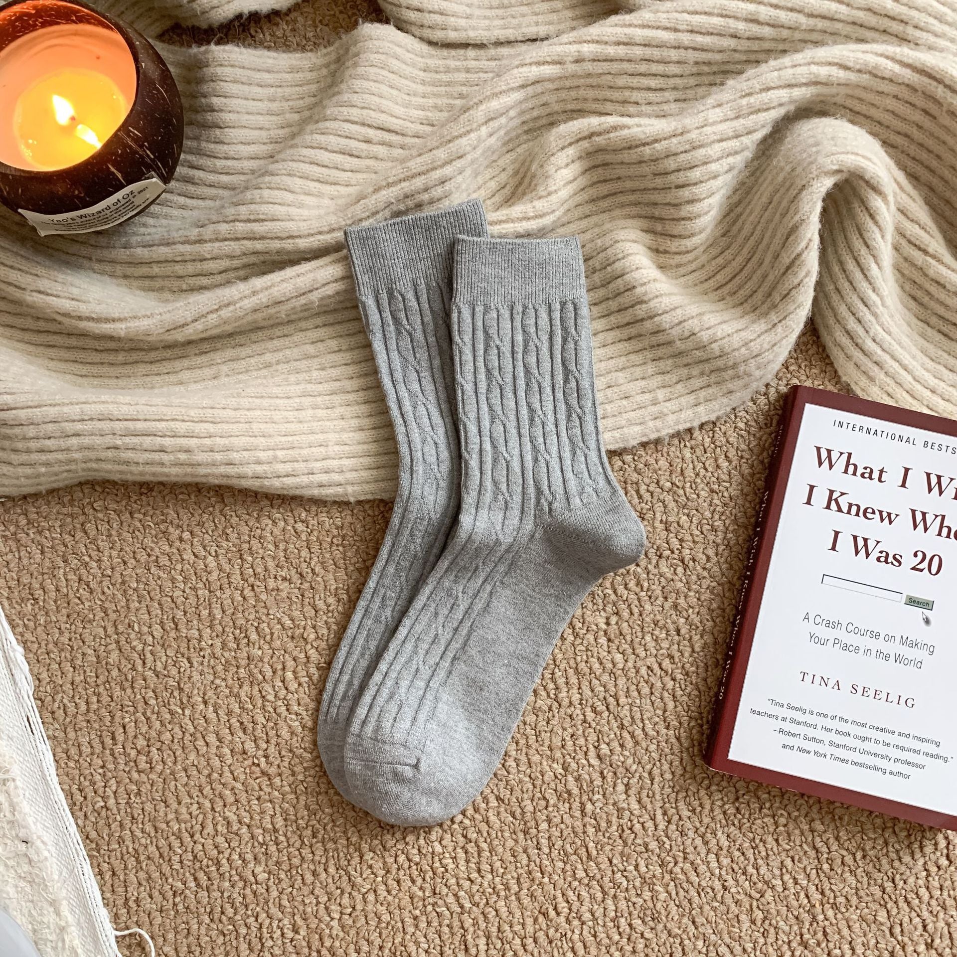 Classic Cable-Knit Wool Socks Men - 2 Pairs