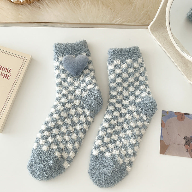Cozy Heart Plush Checkered Socks - 2 Pairs