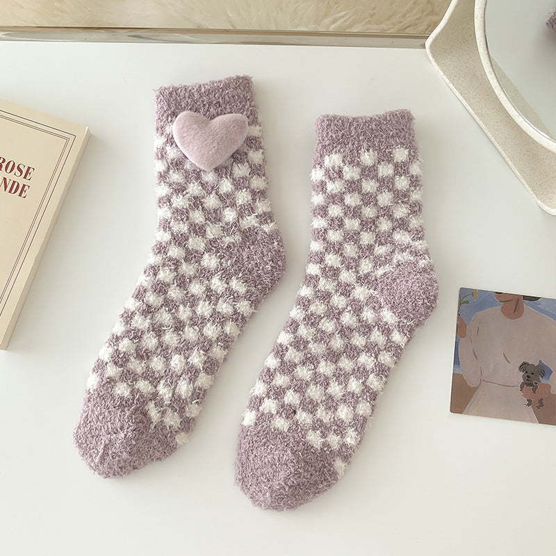 Cozy Heart Plush Checkered Socks - 2 Pairs