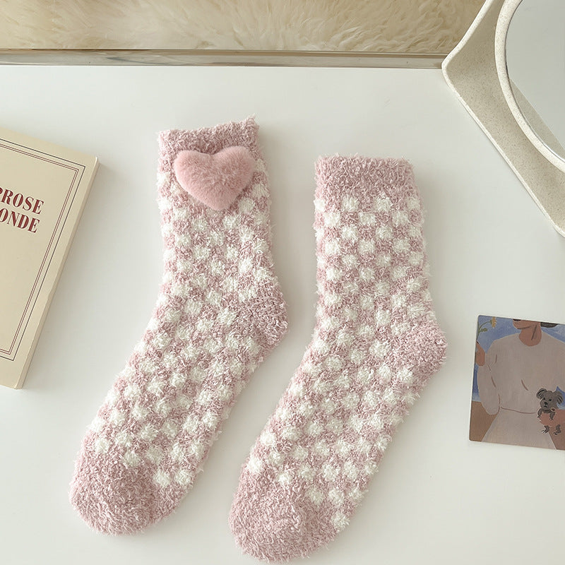 Cozy Heart Plush Checkered Socks - 2 Pairs