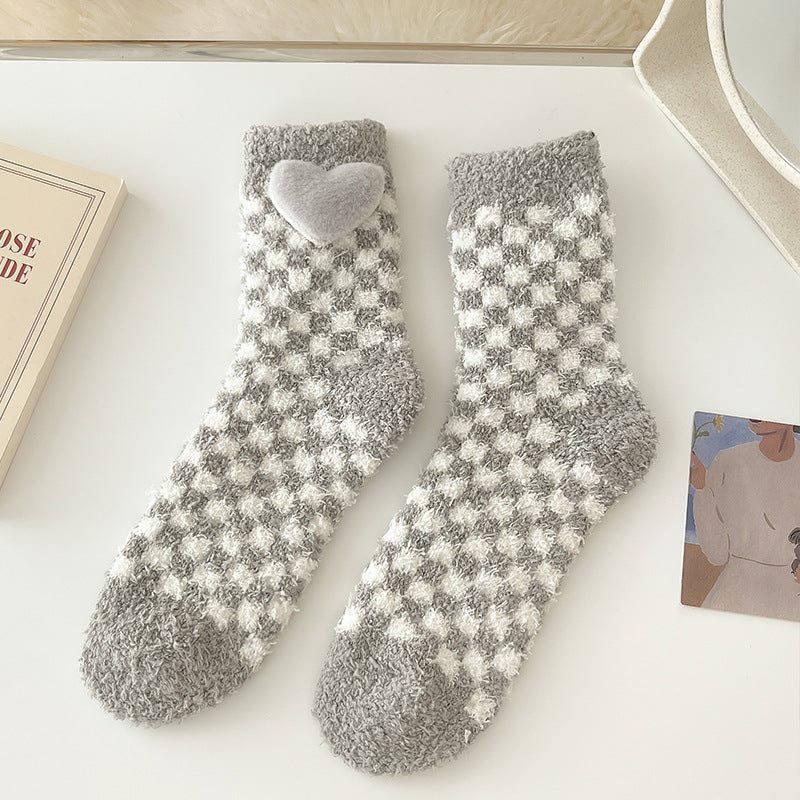Cozy Heart Plush Checkered Socks - 2 Pairs