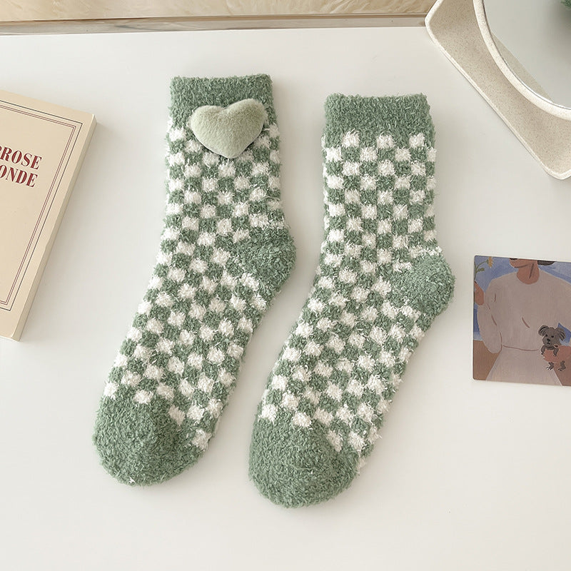 Cozy Heart Plush Checkered Socks - 2 Pairs