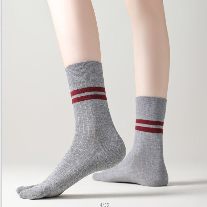 Women’s Split Toe Crew Socks with Double Stripes – Cotton Tabi Style - 3 Pairs