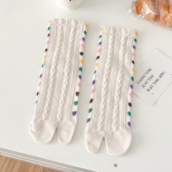 Women’s Split Toe Crew Socks – Colourful Heart Pattern Tabi Style - 3 Pairs