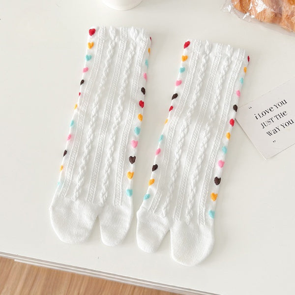 Women’s Split Toe Crew Socks – Colourful Heart Pattern Tabi Style - 3 Pairs