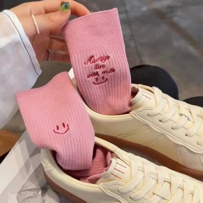 Smiley Charm Embroidered Socks - 2 Pairs