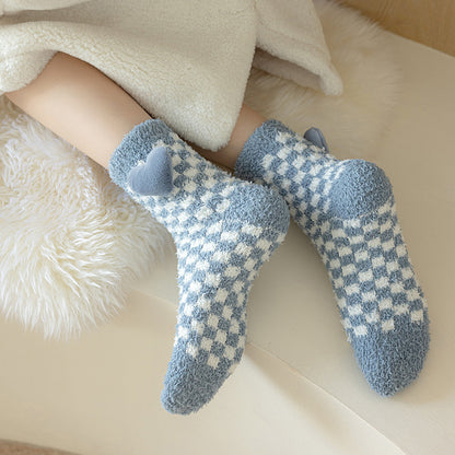 Cozy Heart Plush Checkered Socks - 2 Pairs