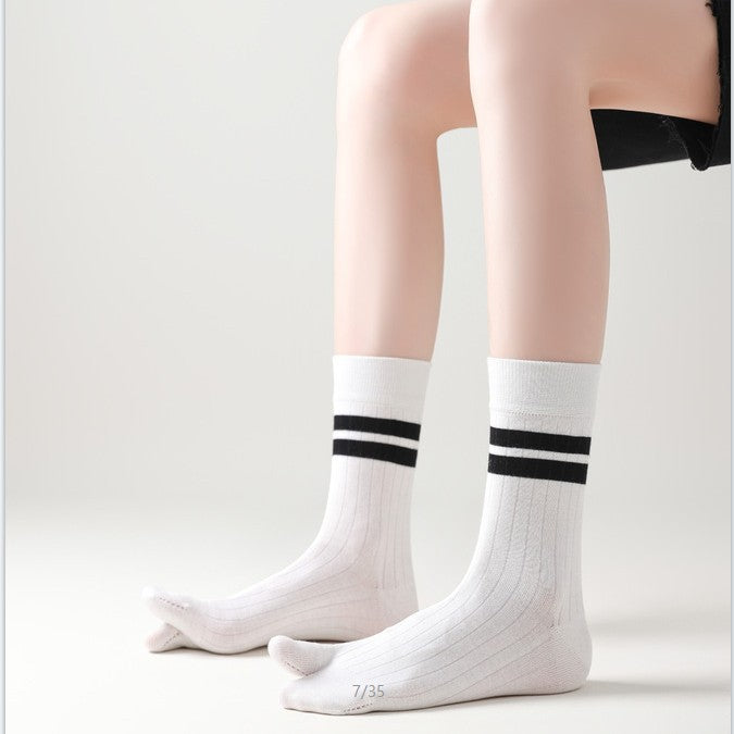 Women’s Split Toe Crew Socks with Double Stripes – Cotton Tabi Style - 3 Pairs