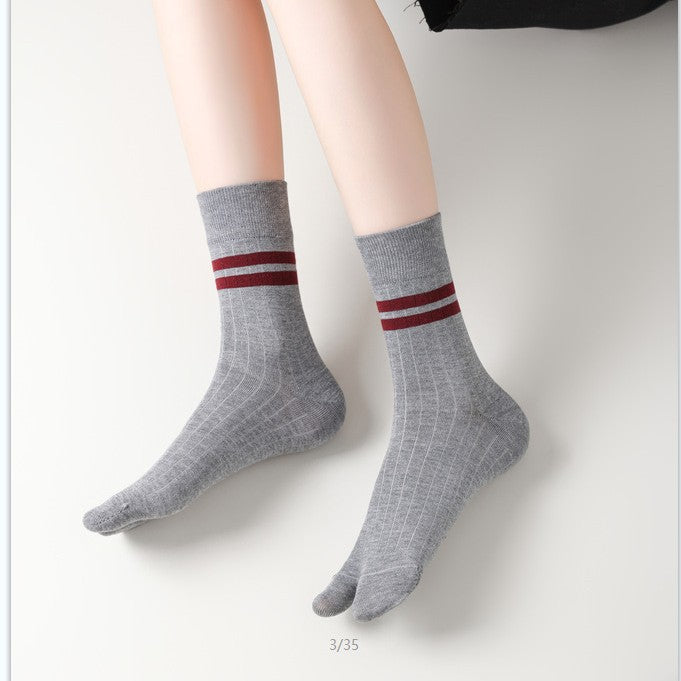 Women’s Split Toe Crew Socks with Double Stripes – Cotton Tabi Style - 3 Pairs