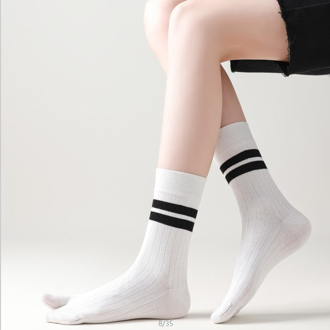Women’s Split Toe Crew Socks with Double Stripes – Cotton Tabi Style - 3 Pairs
