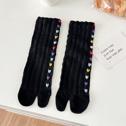 Women’s Split Toe Crew Socks – Colourful Heart Pattern Tabi Style - 3 Pairs