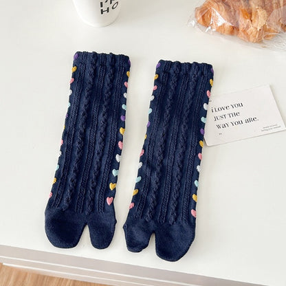Women’s Split Toe Crew Socks – Colourful Heart Pattern Tabi Style - 3 Pairs